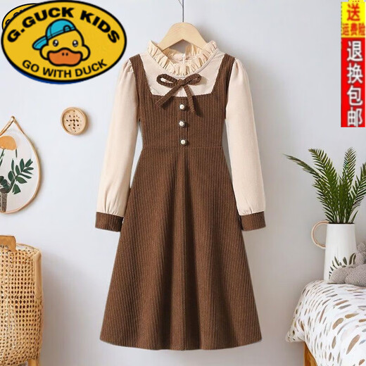 G.duck girls' fake two-piece dress autumn 2025 new medium and large children's sweet corduroy skirt fashionable princess dress khaki 120 fake two-piece suspender skirt