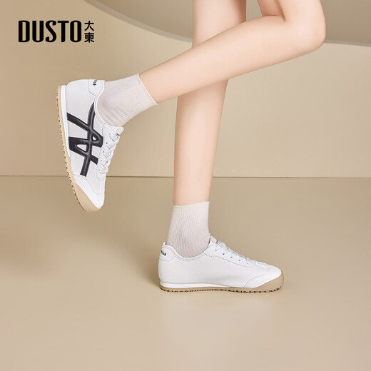 Dusto Dadong Forrest Gump shoes women's shoes spring new flat low heel lace round toe material collage C7576 white black 37