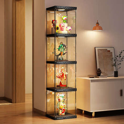 Yusenyi Figure Display Storage Cabinet Transparent Ornament Rack Home Layered LED Display Rack LD Light 5 Grids (US Plug-in Model)