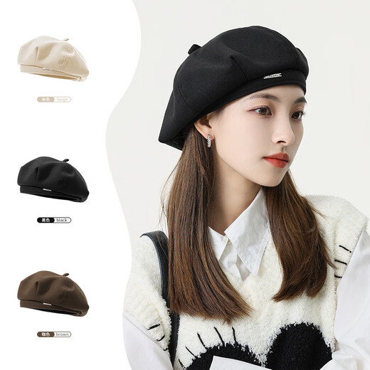 BLANK VERSE autumn and winter woolen metal beret hat women's octagonal hat big head circumference showing face small fashionable literary painter hat flat top black-DMZ304 one size