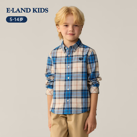 E LAND KIDS pedophile boys' shirt 26 spring new British style embroidered lapel plaid top Beige beige/35 110