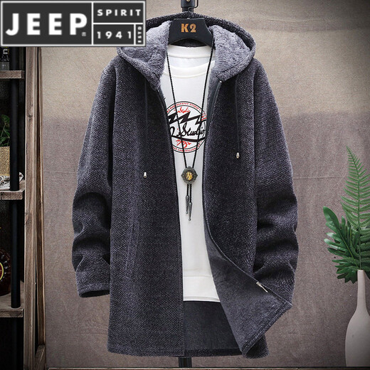 JEEP SPIRIT秋冬季毛衣夹克男士中长版大衣潮流连帽风衣加绒保暖拉炼 炼 8819深灰色【加 绒】中长版 M