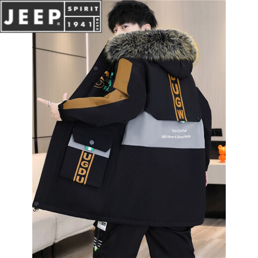 JEEP SPIRIT cotton coat men's winter mid-length velvet thickened windbreaker jacket cotton suit men's parka 819 black gray top plus velvet M