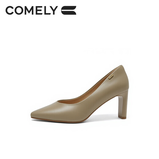 COMELY high-heeled shoes for women 2026 new style non-tiring versatile shoes spring genuine leather thick heel work shoes Milk Tea Apricot 37