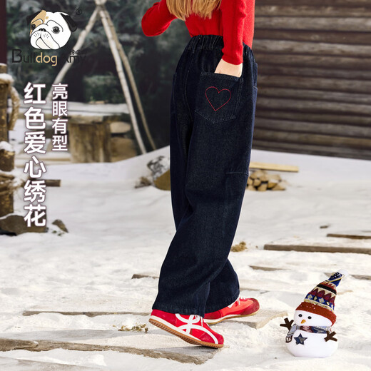 CHANZUIGOU children's clothing girls' velvet scimitar jeans 2025 winter new style versatile thickened pants navy blue 150