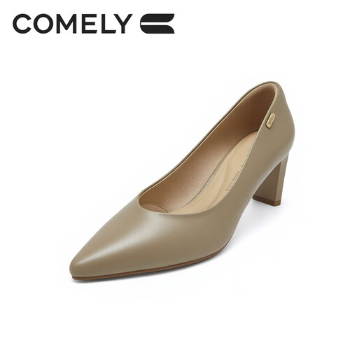 COMELY high-heeled shoes for women 2026 new style non-tiring versatile shoes spring genuine leather thick heel work shoes Milk Tea Apricot 37