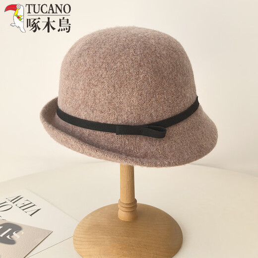 Woodpecker (TUCANO) simple ladylike style wool knitted top hat for women in autumn and winter, elegant and warm, showing face, little fisherman hat, bow basin hat, khaki color, adjustable (53-59cm head circumference)