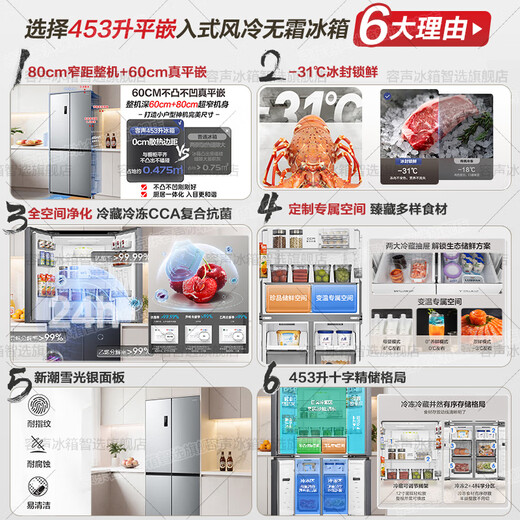 Rongsheng 459 upgraded model 453-liter cross-fold four-door 60cm ultra-thin zero-embedded bottom heat dissipation first-level energy-saving dual-frequency air-cooled frost-free household refrigerator BCD-453E30CZLAD silver