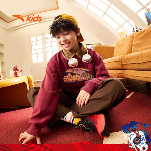 ANTA Children's Sweater Men's and Large Children's Clothing Warm Velvet Red 2026 Spring Festival New Year Warm Trendy Printed Pullover Store Manager Recommendation Yin Red-3 175