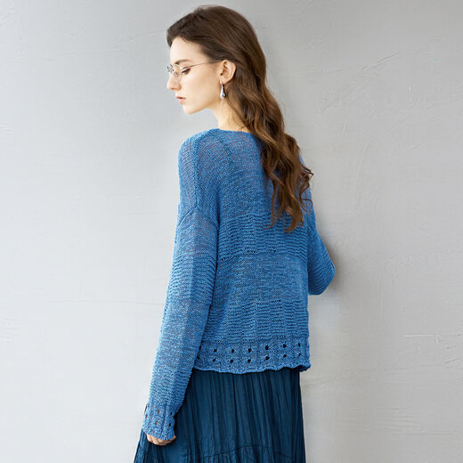 Yanyu blue woolen V-neck sweater 2026 spring new style loose lazy style comfortable casual women's top blue L