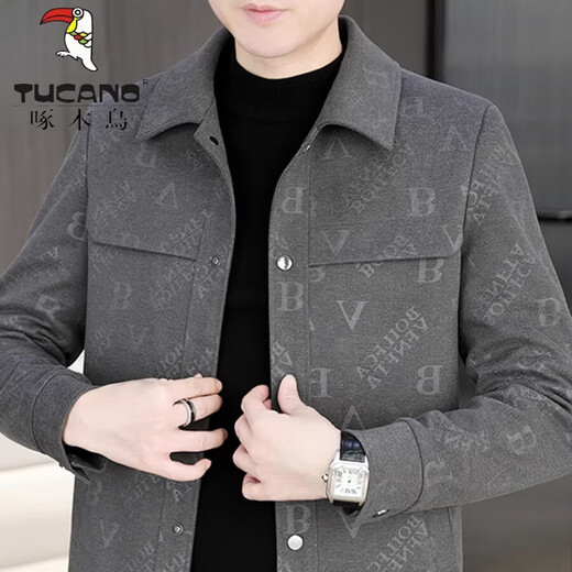 Woodpecker (TUCANO) Lapel Jacket Woolen Jacket Men's Spring and Autumn New Medium Thick Jacket Plus Velvet High-Quality Light Business Large Size Men's Gray Velvet Thickened L (115-130Jin Jin equals 0.5 kg)