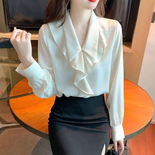 Playboy (PLAYBOY) ruffled V-neck chiffon shirt for women spring and autumn new French style bottoming shirt fashionable long-sleeved shirt top official flagship white S 78-90Jin Jin is equal to 0.5 kg