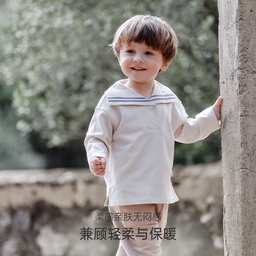 OAK FAMILY children's cotton sweatshirt 2026 spring baby long-sleeved navy collar off-shoulder top light beige 100