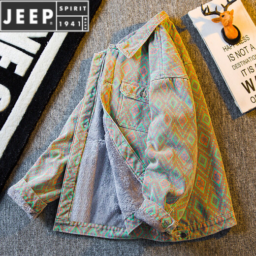 JEEP SPIRIT's new heavyweight zebra pattern jacket men's autumn and winter thickened velvet denim jacket men's warm winter wear JRHP27 XL