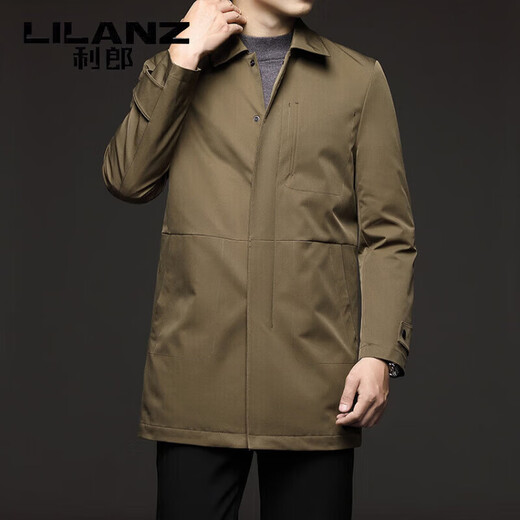 利郎（LILANZ）羽绒服男中长款外套秋冬中老年翻领白鸭绒加厚保暖风衣外套 绿色 M
