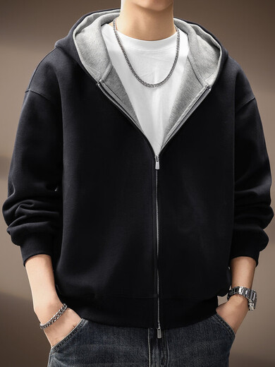 Noble color high-end American heavy cardigan hooded sweatshirt for men spring and autumn new loose versatile coat casual top jacket black L suitable for 130-150Jin Jin equals 0.5 kg