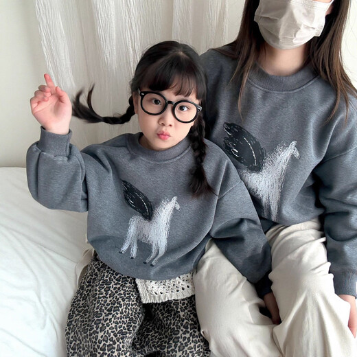 Year of the Horse plus velvet New Year's sweatshirt, versatile year style, unisex family wear, parent-child sweatshirt for a family of three, Korean style sweatshirt, gray plus velvet, size 120, size 120, height 115-125, weight 45-52