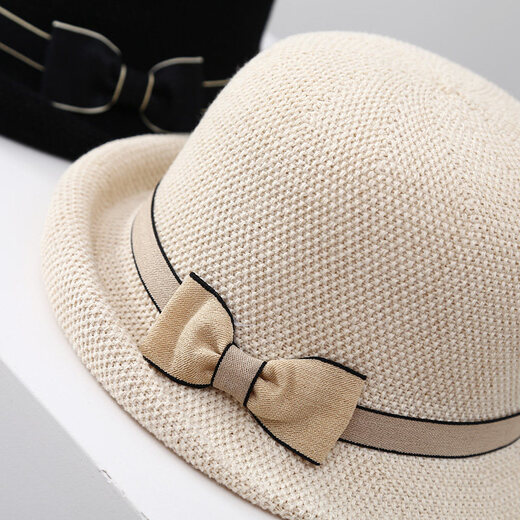 Top Hat Women's Bow Sun Hat Women's Spring, Autumn and Summer Travel Small Brim Rolled Top Hat Breathable Thin Basin Hat Sun Protection Beige Adjustable (54-59cm)