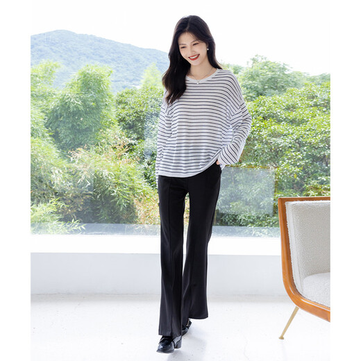 Ives (ITISF4) chic lazy style long-sleeved T-shirt Korean striped loose slim casual top white one size