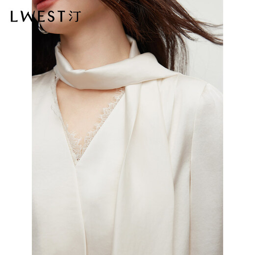 L.WEST French Ribbon Shirt Women's 2026 Spring New Elegant Lace Splicing V-neck Top Beige M 160/84A/M