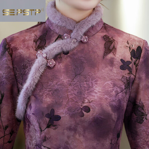 Xia Dian Suding Queen (SE.PSTP) purple velvet thickened cheongsam long-sleeved winter mother-in-law fur collar temperament high-end dress classic versatile national style purple 3XL 131-140Jin Jin is equal to 0.5 kg