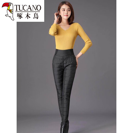 Woodpecker (TUCANO) Official Down Pants Women's Winter Outerwear High-waisted Slim Fit Plus Velvet Thickened Windproof and Warm Middle-aged and Elderly Loose Women's Cotton Pants Black Upgraded Black Down Cotton Pants L (95-105Jin Jin equals 0.5kg)