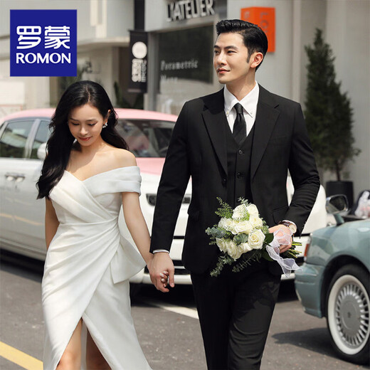 Luo Meng Groom Wedding Suit Suit Men's Korean Slim Dress Business Professional Formal Suit Men's British Three-piece Suit Double-button Black (Suit+Vest+Trousers) Free Shirt-Tie 2XL Recommended 130-145Jin Jin is equal to 0.5 kg