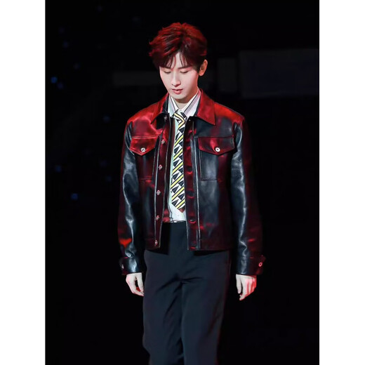SEPTWOLVES Cheng Yi same style black classic leather jacket men's casual and simple motorcycle style lapel leather jacket trendy leather jacket + trousers two-piece set S 90-110Jin Jin is equal to 0.5 kg