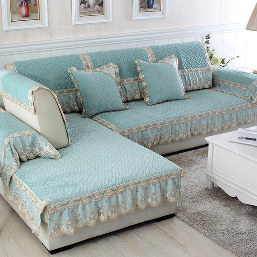 Xinjinngle sofa cushion high-end sofa towel light luxury 2025 popular European non-slip plush cushion four seasons universal leather cloth Pandora-off-white 100cm*240cm +15 lace