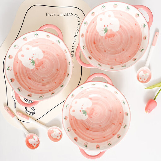 Tuojin cute ceramic double-eared soup bowl, large snail noodle bowl, large bowl, children's instant noodle bowl, personal rice bowl and dish set, exquisite gift box for 6 people, 27-piece set