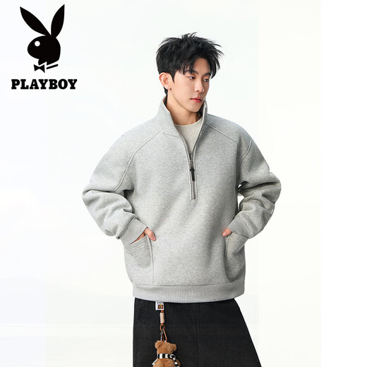 Playboy (PLAYBOY) American high street spring and autumn new heavyweight round neck sweatshirts for men and women, handsome loose pullover tops, couple jackets for men, black XL