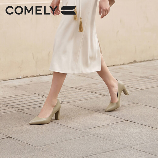 COMELY high-heeled shoes for women 2026 new style non-tiring versatile shoes spring genuine leather thick heel work shoes Milk Tea Apricot 37