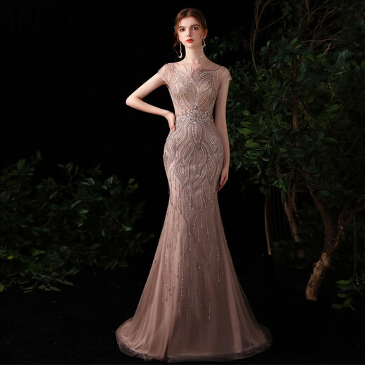 LISM Designer International Light Luxury Brand Evening Dress Women's 2026 New Fishtail Slim Bridal Engagement Dress Toast Wear Bean Paste 1937 One Size Customized (No Returns)