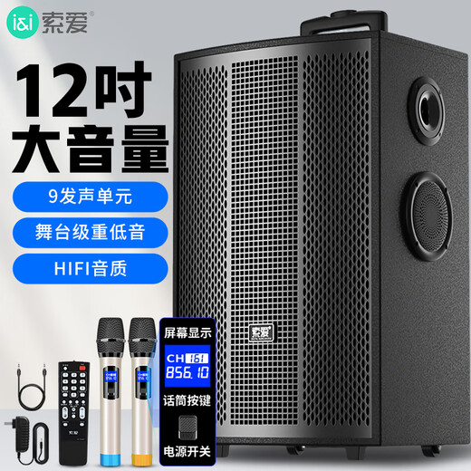 Sony Ericsson (soaiy) 12-inch square dance audio wooden high-power portable outdoor heavy bass Bluetooth karaoke special high-volume mobile trolley speaker outdoor performance dual microphone SA-X76