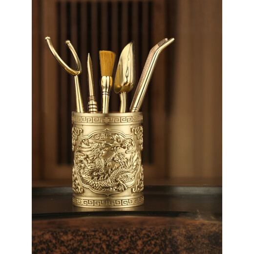 He Jiagong Pure Copper Tea Ceremony Six Gentlemen Set Light Luxury Dragon Pattern Carved Tea Set Accessories Complete Collection of Handmade Tea Art Tools Tea Tweezers All Copper Series-Double Dragons Playing with Pearls Six Gentlemen (about 1000 grams of brass) Free tea