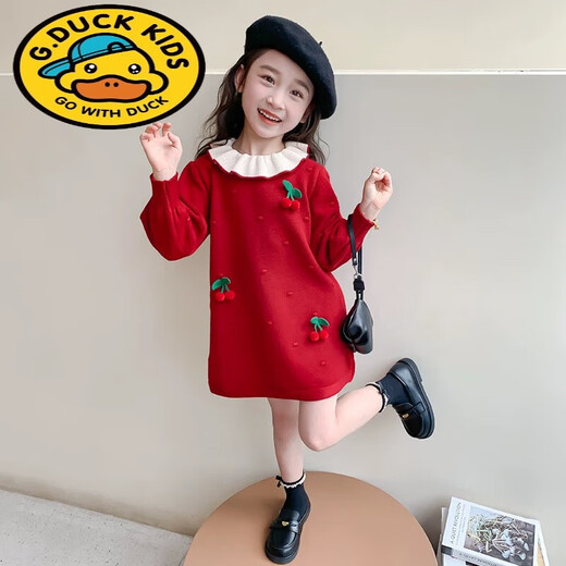 G.duck Girls Sweater Dress 2025 Autumn and Winter New Children's Doll Collar Knitted Dress Baby Fashionable Princess Skirt Red Sweet Cherry Sweater Dress 90 Tag Suitable for 80cm