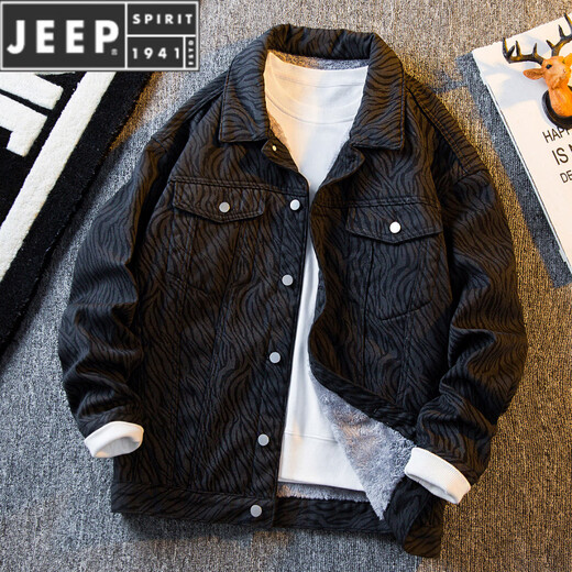 JEEP SPIRIT's new heavyweight zebra pattern jacket men's autumn and winter thickened velvet denim jacket men's warm winter wear JRHP27 XL