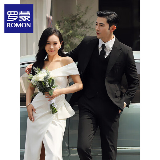 Luo Meng Groom Wedding Suit Suit Men's Korean Slim Dress Business Professional Formal Suit Men's British Three-piece Suit Double-button Black (Suit+Vest+Trousers) Free Shirt-Tie 2XL Recommended 130-145Jin Jin is equal to 0.5 kg