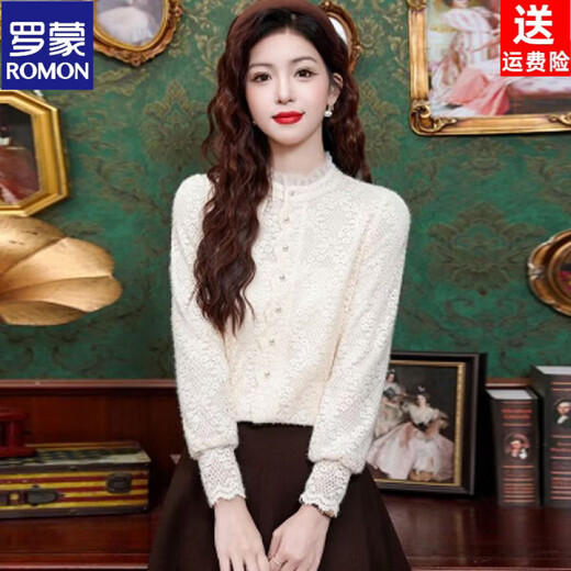 ROMON velvet thickened French lace shirt for women 2026 autumn and winter new style style inner long-sleeved shirt bottoming shirt for women apricot regular style L recommended 106-116 Jin Jin equals 0.5 kg