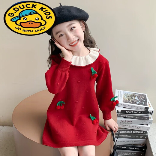 G.duck Girls Sweater Dress 2025 Autumn and Winter New Children's Doll Collar Knitted Dress Baby Fashionable Princess Skirt Red Sweet Cherry Sweater Dress 90 Tag Suitable for 80cm