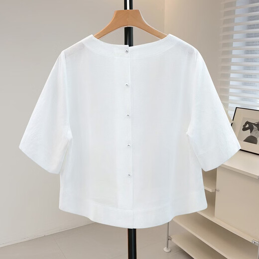 Sibaishe linen solid color round neck short-sleeved shirt for women 2026 spring new style fashion short front and long back shirt