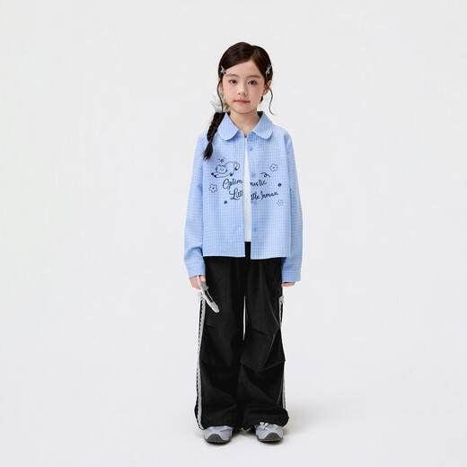Xiaoyinman children's clothing girls' shirt cartoon print 26 spring fashionable lapel casual top for middle and older children and girls blue grid 120