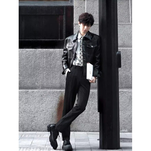 SEPTWOLVES Cheng Yi same style black classic leather jacket men's casual and simple motorcycle style lapel leather jacket trendy leather jacket + trousers two-piece set S 90-110Jin Jin is equal to 0.5 kg