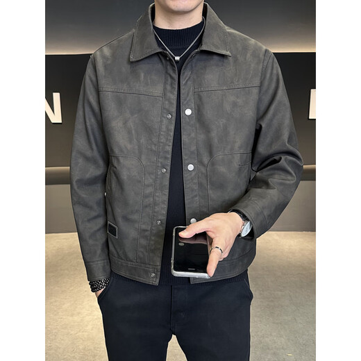 Xiaohongshu hot style men's jacket 2025 new spring and autumn trendy brand lapel sense handsome casual motorcycle leather black gray L