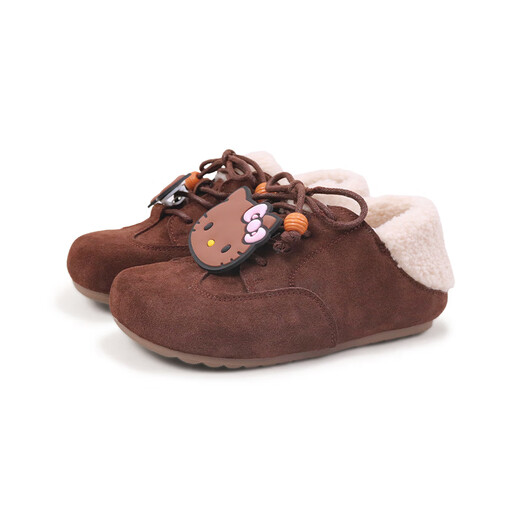Hello Kitty children's shoes girls Birkenstock shoes plush girls plus velvet warm lace-up furry shoes cartoon cute 108B dark brown 37