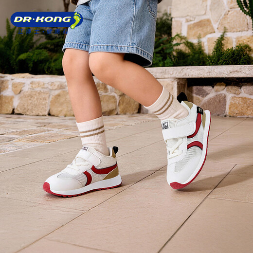 DR KONG spring boys' casual Velcro toddler shoes, comfortable and breathable mesh children's shoes, rice/red/khaki 28, foot length is about 16.9-17.4