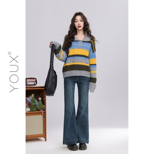 Youxiang frost dyed autumn sweater retro striped color matching polo collar thickened lazy sweater for women 2025 winter new style blue and yellow stripes S