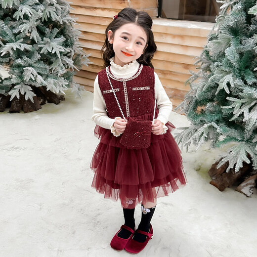 Disney children's New Year's clothing set girls' small fragrant style dress plus velvet winter style 2026 new style little girl fashionable princess skirt + sweater + bag skirt plus velvet 100 cm