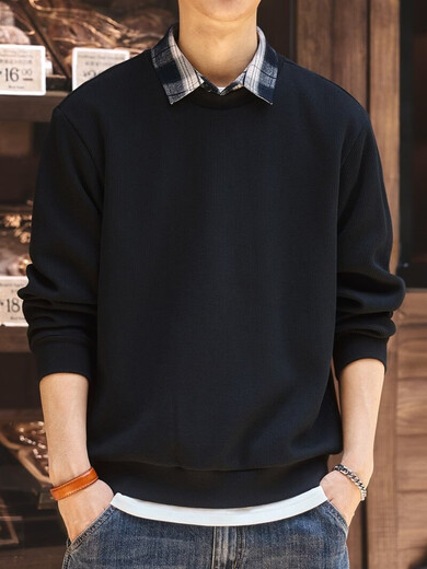 Green Deer high-end textured shirt collar fake two-piece sweatshirt for men in spring and autumn loose casual handsome long-sleeved T-shirt for men black plus velvet M suitable for 110-130Jin Jin is equal to 0.5 kg