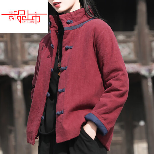 Woodpecker (TUCANO) retro cotton and linen quilted thickened cotton coat for women in winter new Chinese style national style double-breasted button-up stand-up collar cotton-padded jacket burgundy (small quantity in stock) this year's popular light luxury brand L recommended 95-120 Jin Jin equals 0.5 kg